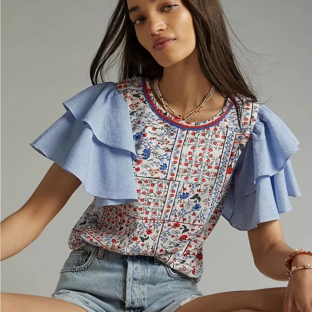 LET ME BE by ANTHROPOLOGIE Flutter Sleeve Top in Blue